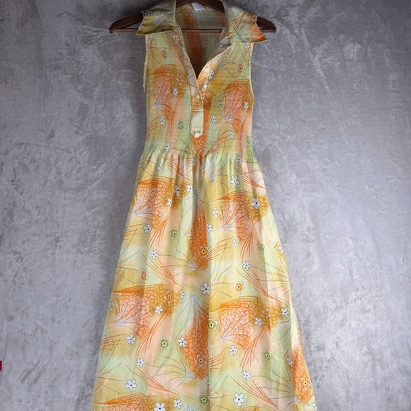 Vintage Dresses & Skirts - Boho  soft girl Vintage 70s Floral Plisse Sleeveless Midi Dress‎ Orange Yellow